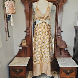 Elegant Yellow Patterned Halter Dress